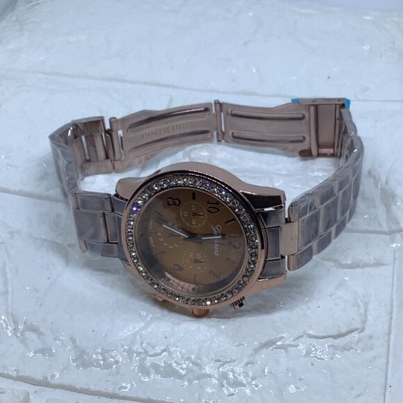 Chocolate Geneva Crystal Rhinestone Chronograph Watch with Metal Link Band - Picture 7 of 7